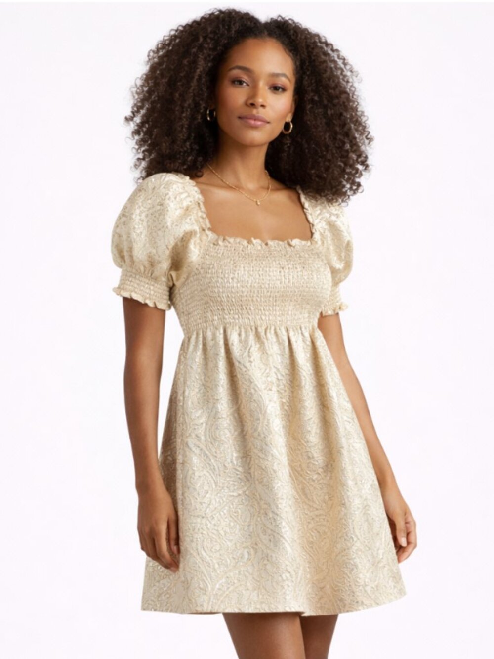 Hill House Home Athena Nap Dress Gold Metallic Brocade Smocked Puff Sleeve Mini